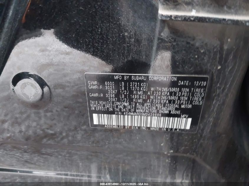 2021 Subaru Ascent Touring VIN: 4S4WMARD5M3429886 Lot: 43914960