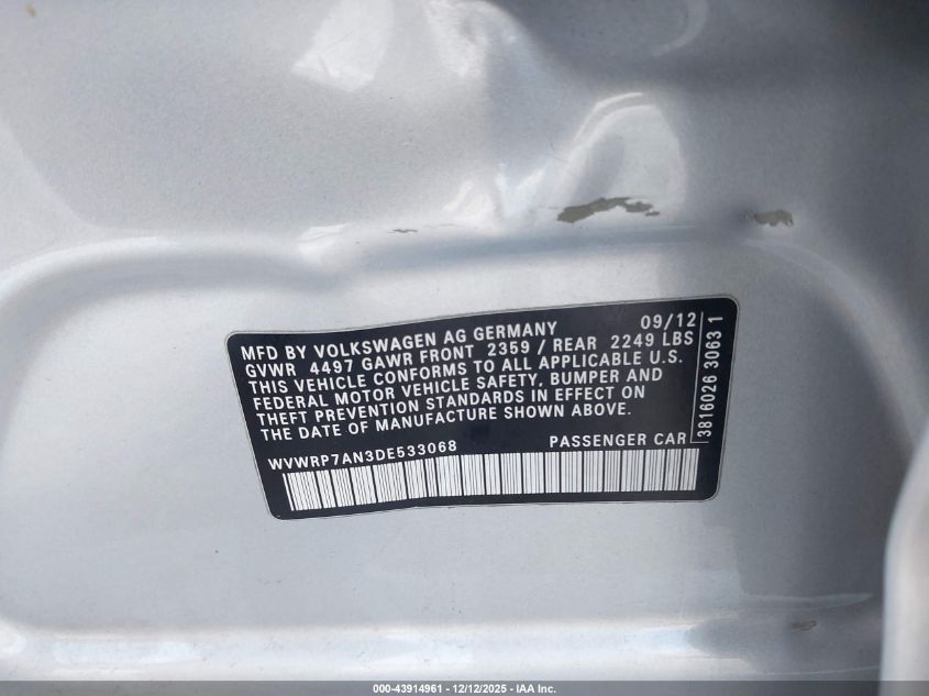 2013 Volkswagen Cc 2.0T Lux VIN: WVWRP7AN3DE533068 Lot: 43914961