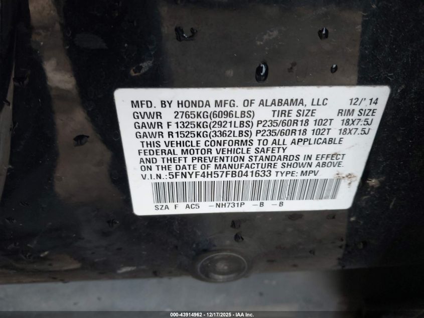 2015 Honda Pilot Ex-L VIN: 5FNYF4H57FB041633 Lot: 43914962