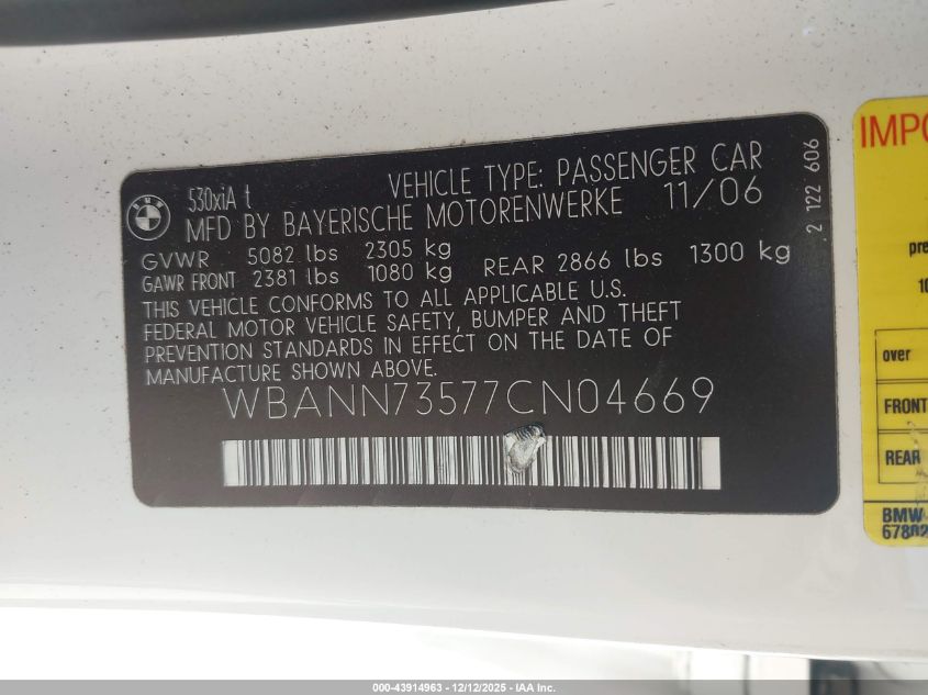 2007 BMW 530Xit VIN: WBANN73577CN04669 Lot: 43914963