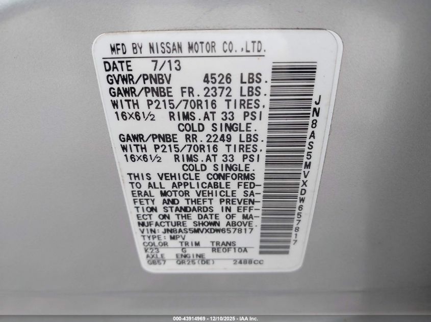 2013 Nissan Rogue S VIN: JN8AS5MVXDW657817 Lot: 43914969