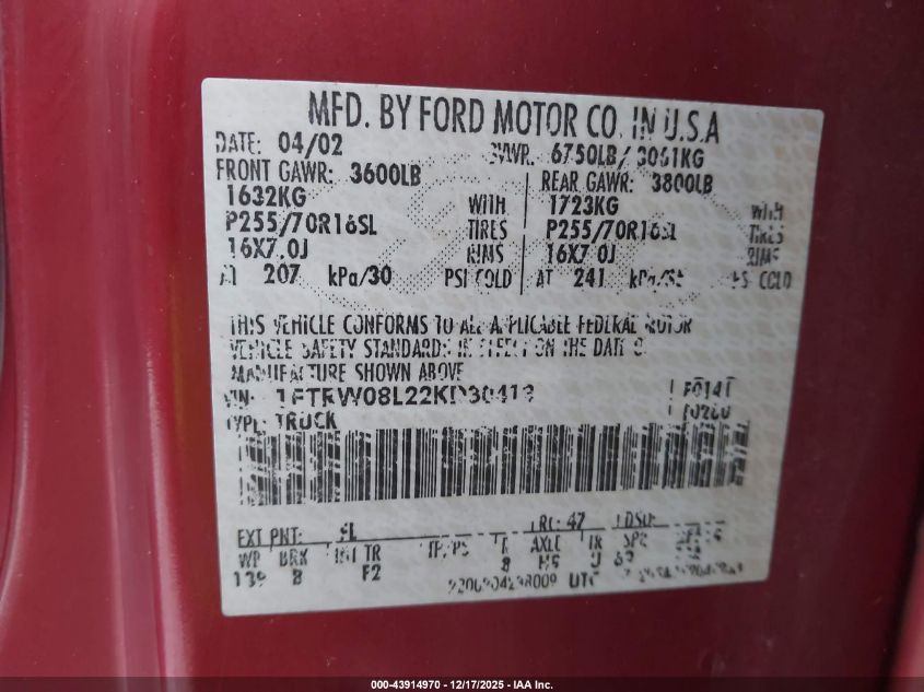 2002 Ford F-150 Lariat/Xlt VIN: 1FTRW08L22KD30413 Lot: 43914970