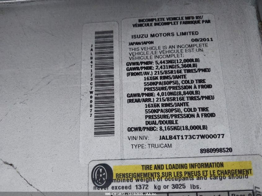 2012 Isuzu Commercial Van VIN: JALB4T173C7W00077 Lot: 43914972