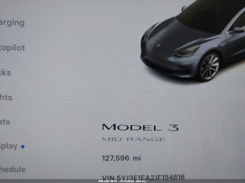 2018 Tesla Model 3 Long Range/Mid Range VIN: 5YJ3E1EA2JF154816 Lot: 43914979