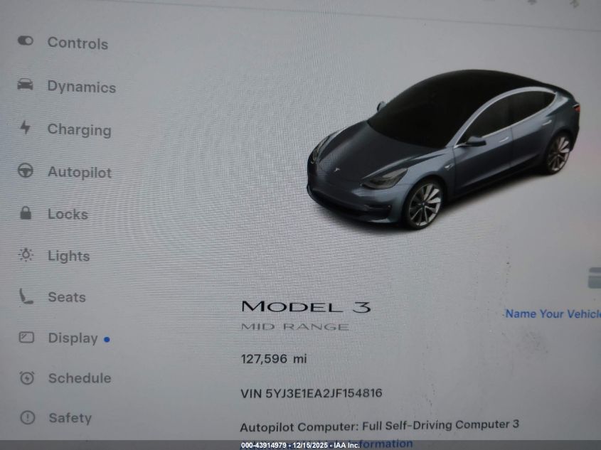 2018 Tesla Model 3 Long Range/Mid Range VIN: 5YJ3E1EA2JF154816 Lot: 43914979