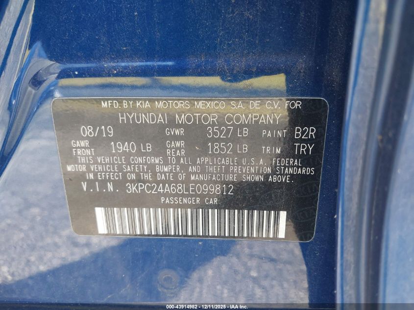 2020 Hyundai Accent Se VIN: 3KPC24A68LE099812 Lot: 43914982