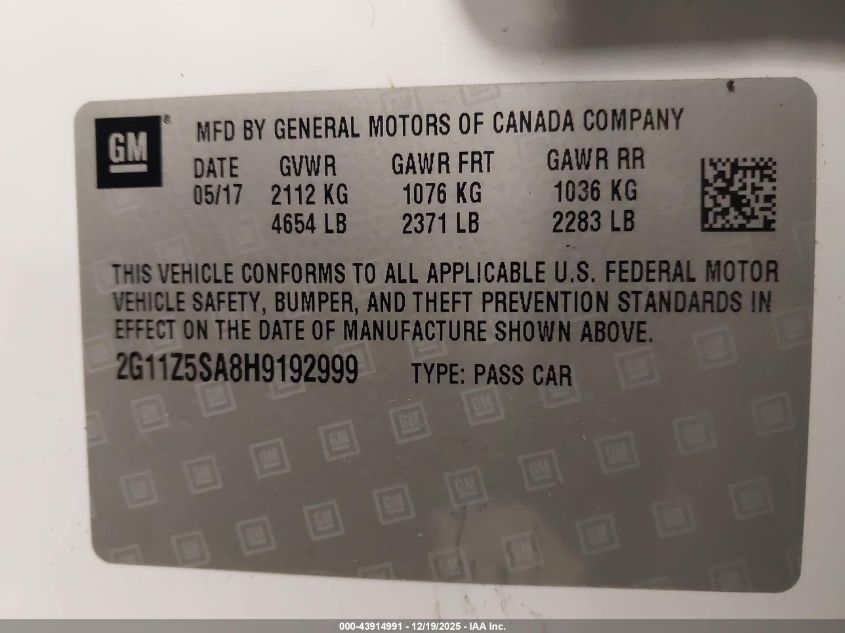 2017 Chevrolet Impala Ls VIN: 2G11Z5SA8H9192999 Lot: 43914991