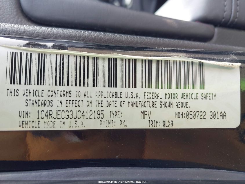 2018 Jeep Grand Cherokee High Altitude 4X2 VIN: 1C4RJECG3JC412195 Lot: 43914996