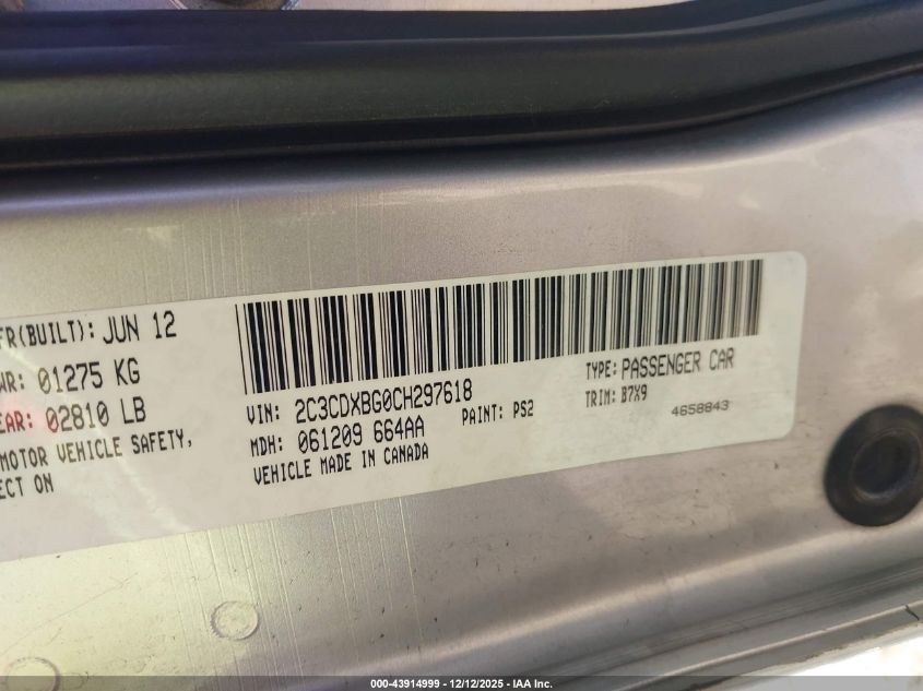 2012 Dodge Charger Se VIN: 2C3CDXBG0CH297618 Lot: 43914999