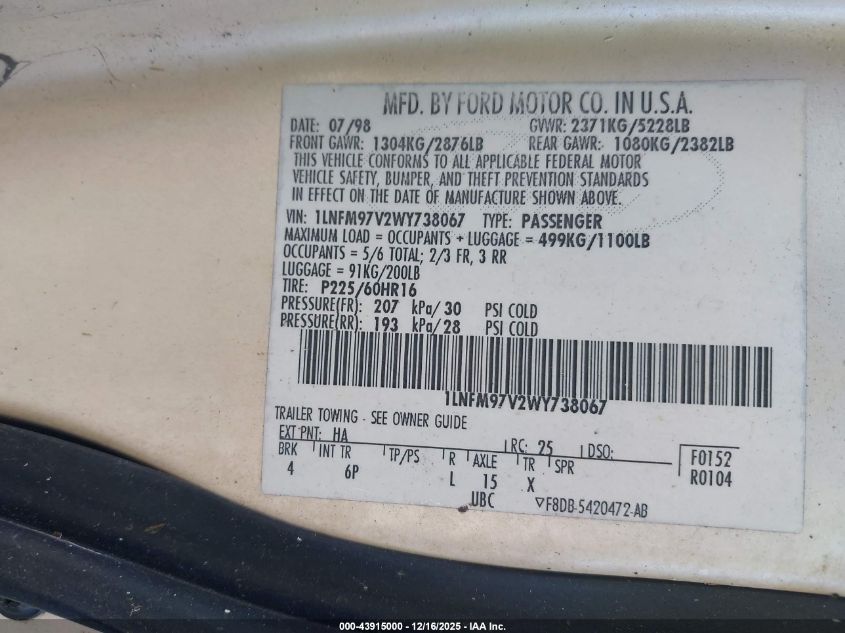 1998 Lincoln Continental VIN: 1LNFM97V2WY738067 Lot: 43915000