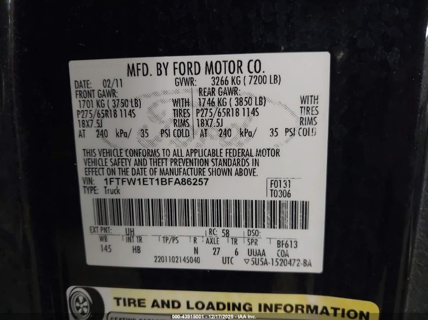 2011 Ford F-150 Lariat VIN: 1FTFW1ET1BFA86257 Lot: 43915001