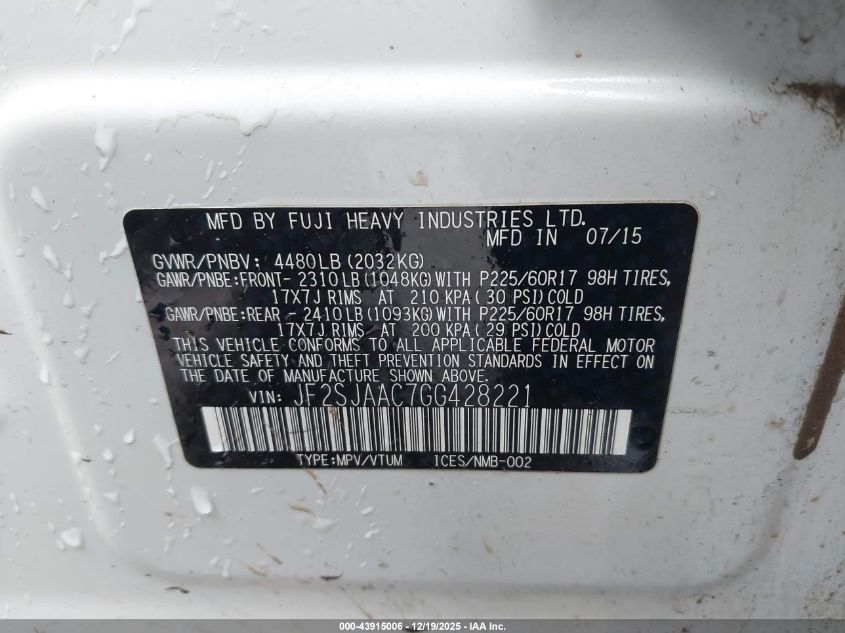 2016 Subaru Forester 2.5I VIN: JF2SJAAC7GG428221 Lot: 43915006