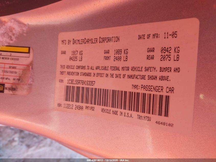 2006 Chrysler Sebring Touring VIN: 1C3EL55R76N163357 Lot: 43915013