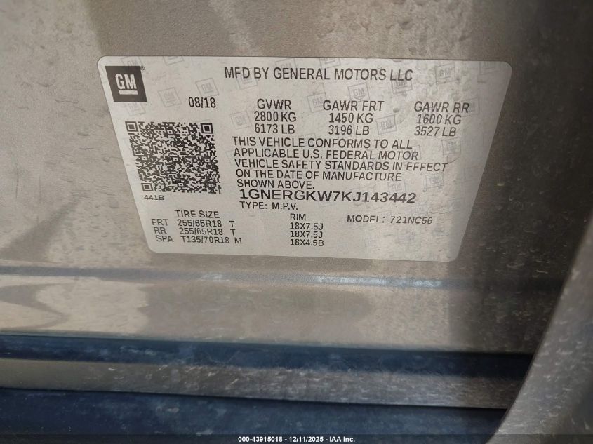 2019 Chevrolet Traverse 1Lt VIN: 1GNERGKW7KJ143442 Lot: 43915018