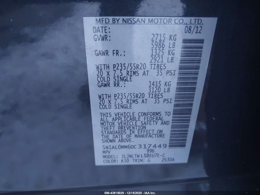 2013 Infiniti Jx35 VIN: 5N1AL0MM6DC317449 Lot: 43915029