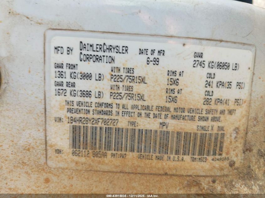 1999 Dodge Durango VIN: 1B4HR28Y2XF702727 Lot: 43915035