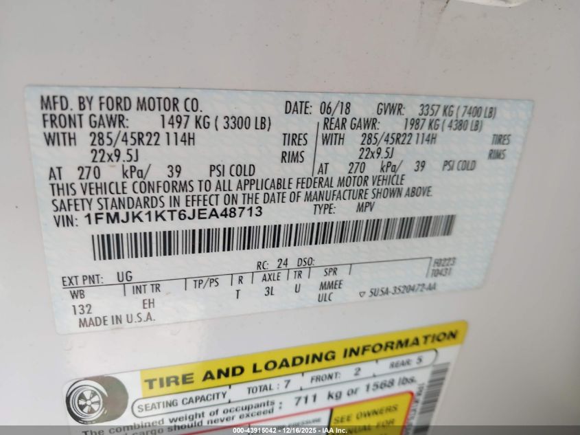 2018 Ford Expedition Max Limited VIN: 1FMJK1KT6JEA48713 Lot: 43915042