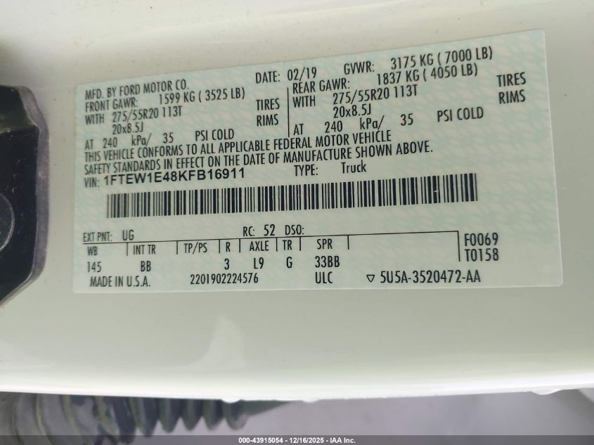 2019 Ford F-150 Platinum VIN: 1FTEW1E48KFB16911 Lot: 43915054