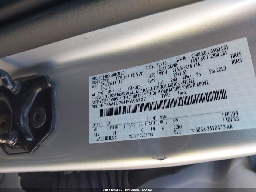 2017 Ford F-150 Xlt VIN: 1FTEW1EP6HFA95107 Lot: 43915055