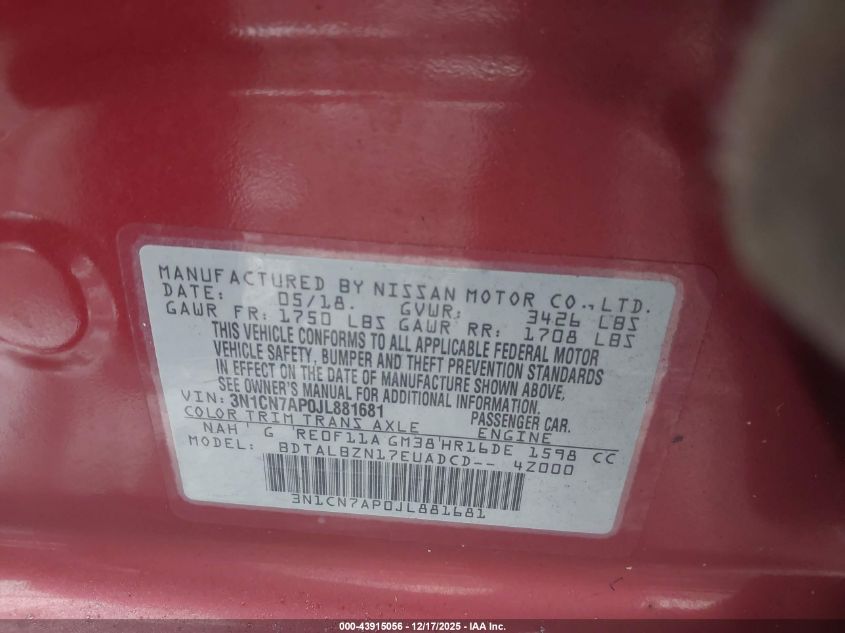 2018 Nissan Versa 1.6 Sv VIN: 3N1CN7AP0JL881681 Lot: 43915056