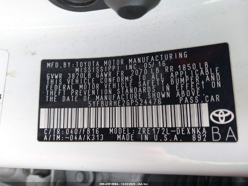 2016 Toyota Corolla Le VIN: 5YFBURHE2GP524476 Lot: 43915064