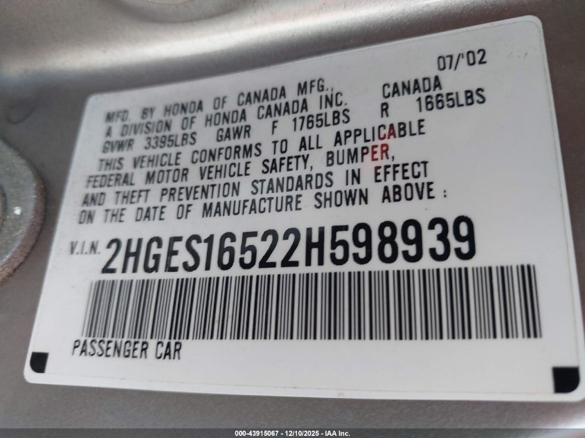 2002 Honda Civic Lx VIN: 2HGES16522H598939 Lot: 43915067