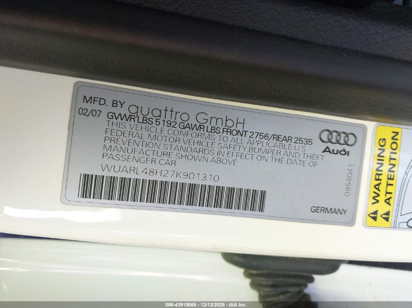 2007 Audi S4 VIN: WUARL48H27K901310 Lot: 43915068