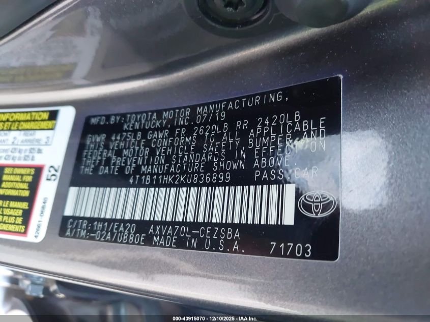 2019 Toyota Camry Se VIN: 4T1B11HK2KU836899 Lot: 43915070