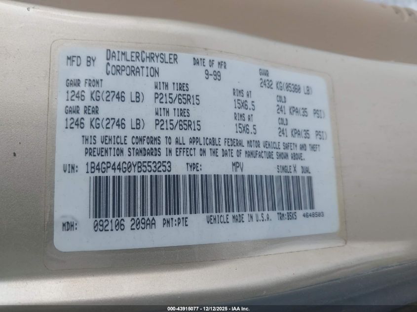 2000 Dodge Grand Caravan Se VIN: 1B4GP44G0YB553253 Lot: 43915077