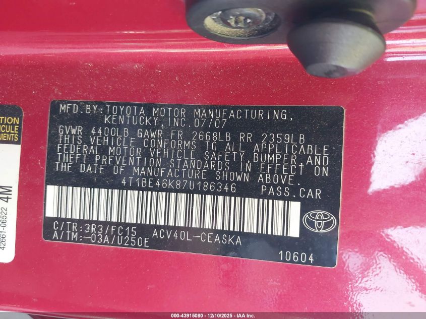 2007 Toyota Camry Se VIN: 4T1BE46K87U186346 Lot: 43915080