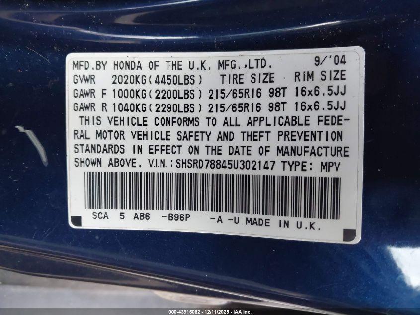 2005 Honda Cr-V Ex VIN: SHSRD78845U302147 Lot: 43915082