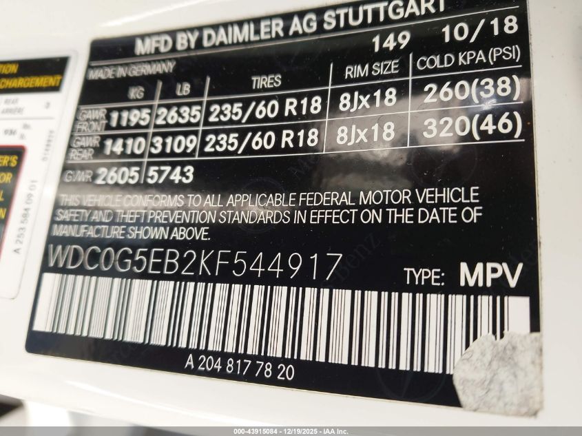 2019 Mercedes-Benz Glc 350E 4Matic VIN: WDC0G5EB2KF544917 Lot: 43915084