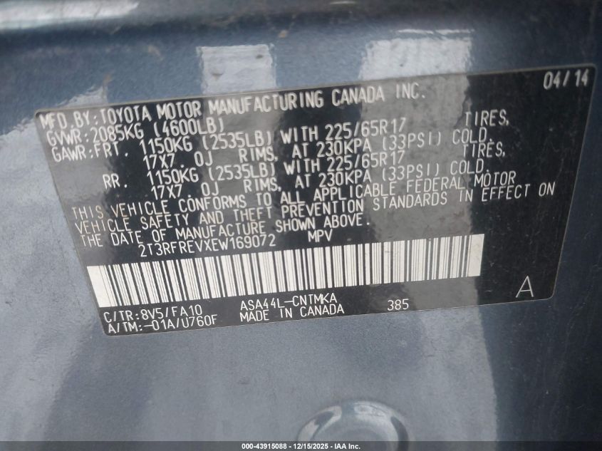 2014 Toyota Rav4 Xle VIN: 2T3RFREVXEW169072 Lot: 43915088