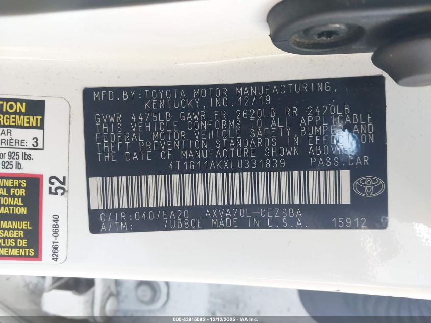 2020 Toyota Camry Se VIN: 4T1G11AKXLU331839 Lot: 43915092