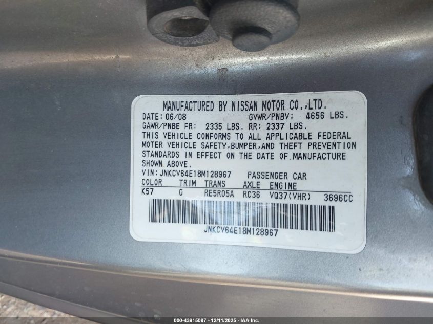 2008 Infiniti G37 Journey VIN: JNKCV64E18M128967 Lot: 43915097