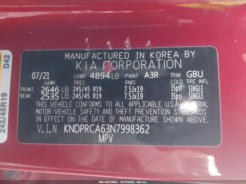 2022 Kia Sportage Sx Turbo VIN: KNDPRCA63N7998362 Lot: 43915098