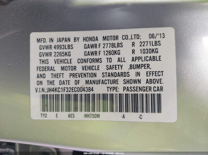 2014 Acura Rlx VIN: JH4KC1F32EC004384 Lot: 43915105
