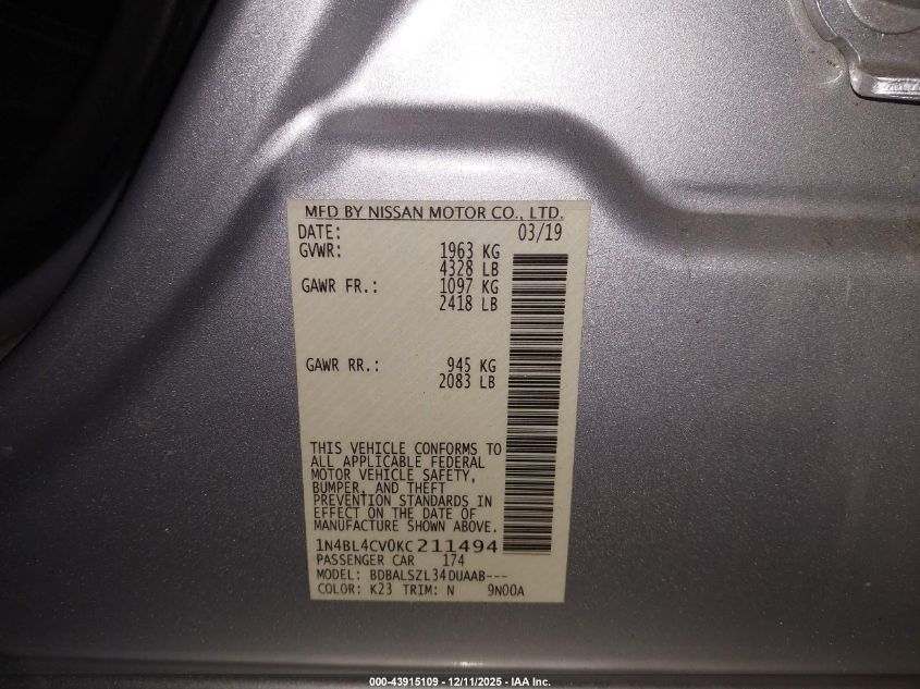 2019 Nissan Altima 2.5 Sr VIN: 1N4BL4CV0KC211494 Lot: 43915109