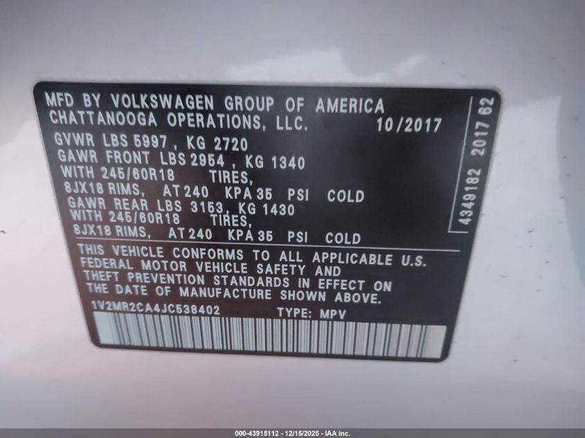 2018 Volkswagen Atlas 3.6L V6 Sel VIN: 1V2MR2CA4JC538402 Lot: 43915112
