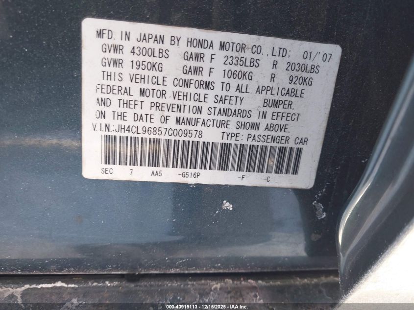 2007 Acura Tsx VIN: JH4CL96857C009578 Lot: 43915113
