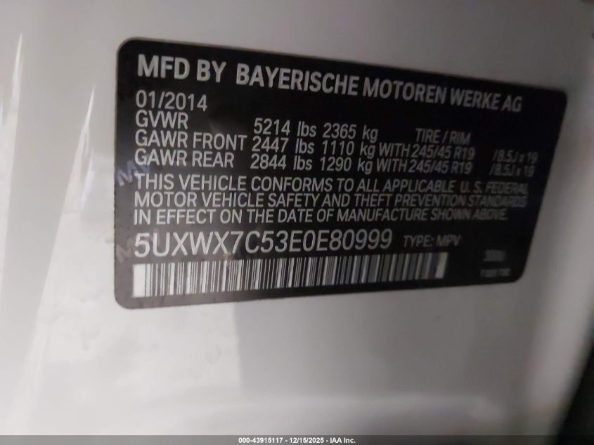 2014 BMW X3 xDrive35I VIN: 5UXWX7C53E0E80999 Lot: 43915117