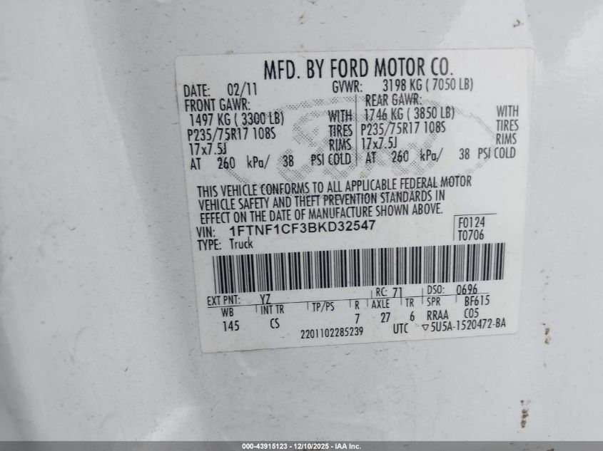 2011 Ford F-150 Xl VIN: 1FTNF1CF3BKD32547 Lot: 43915123