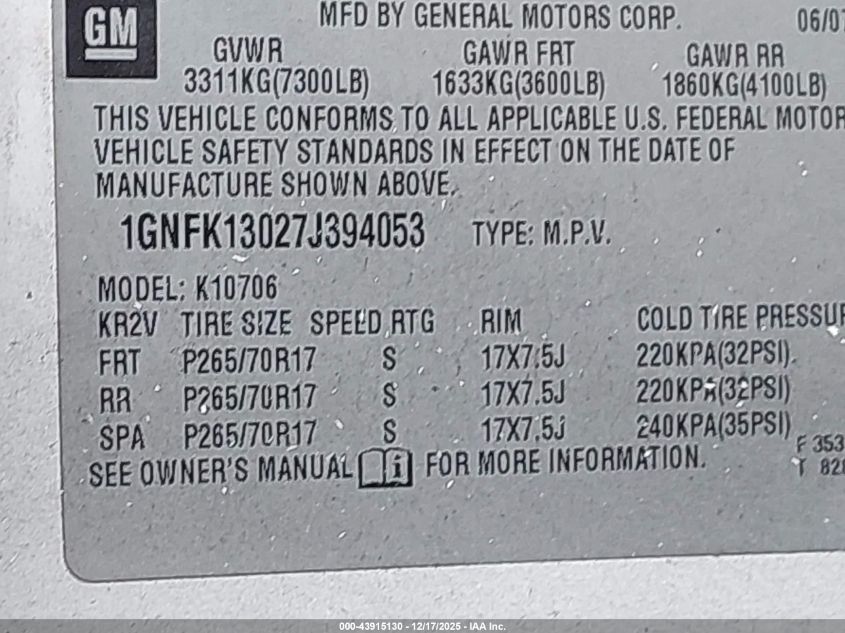2007 Chevrolet Tahoe Ls VIN: 1GNFK13027J394053 Lot: 43915130