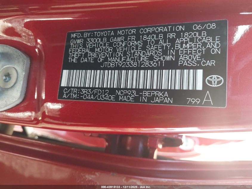 2008 Toyota Yaris VIN: JTDBT923381283611 Lot: 43915133