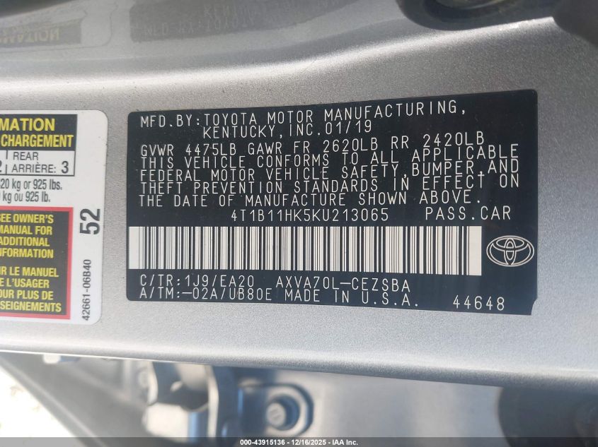 2019 Toyota Camry Se VIN: 4T1B11HK5KU213065 Lot: 43915136