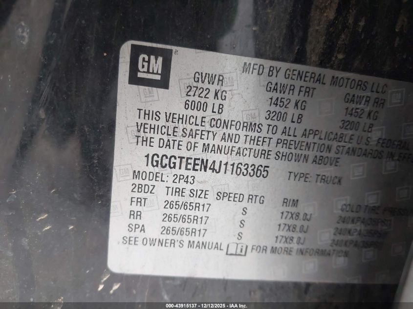 2018 Chevrolet Colorado Zr2 VIN: 1GCGTEEN4J1163365 Lot: 43915137