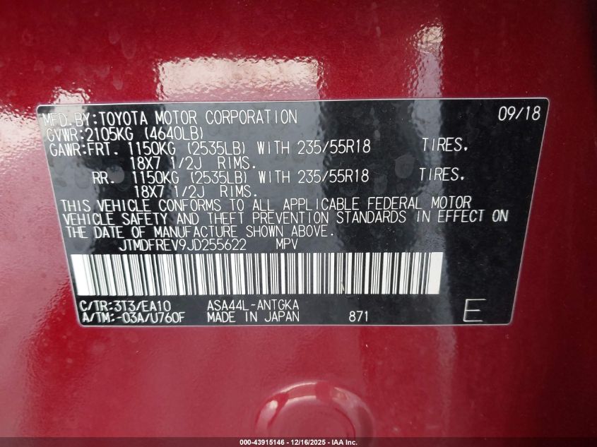 2018 Toyota Rav4 Limited VIN: JTMDFREV9JD255622 Lot: 43915146