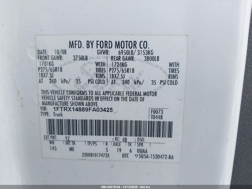 2009 Ford F-150 Stx/Xl/Xlt VIN: 1FTRX14889FA03425 Lot: 43915148