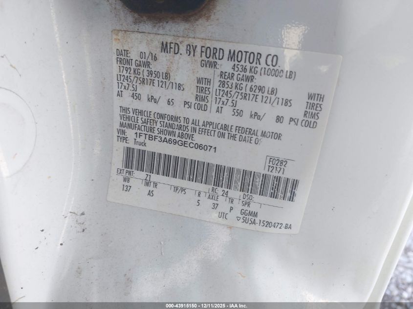 2016 Ford F-350 Xl VIN: 1FTBF3A69GEC06071 Lot: 43915150