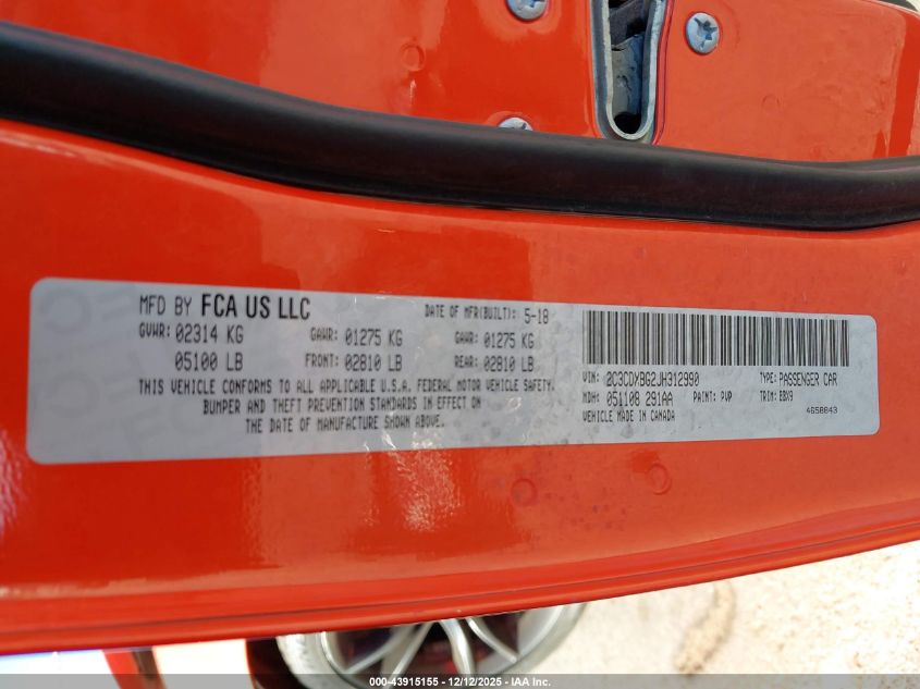 2018 Dodge Charger Sxt Rwd VIN: 2C3CDXBG2JH312990 Lot: 43915155